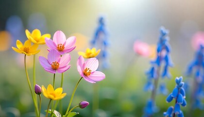 Delicate Pink Yellow and Blue Flowers Bloom