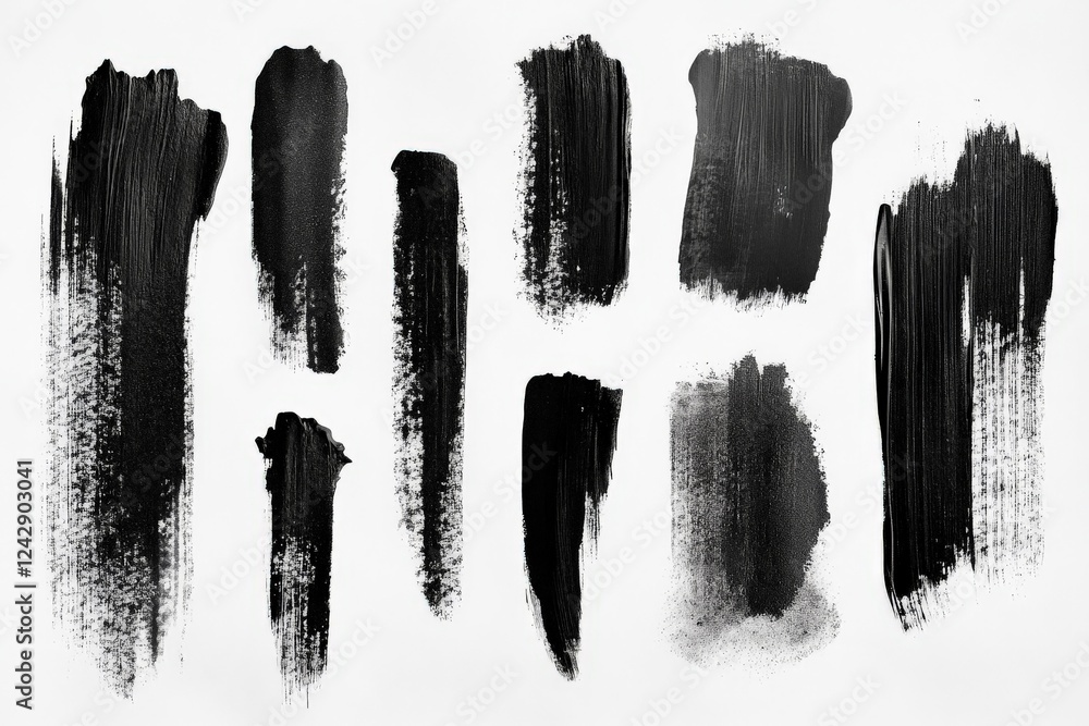 Poster Various patterns of black paint strokes on a white background showcasing artistic techniques and textures