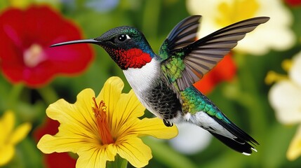 Naklejka premium Hummingbird hovering, flower, garden, blur, nature, vibrant, wildlife, photography, poster