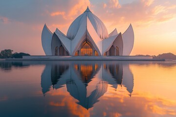 Lotus-shaped temple sunrise reflection, peaceful