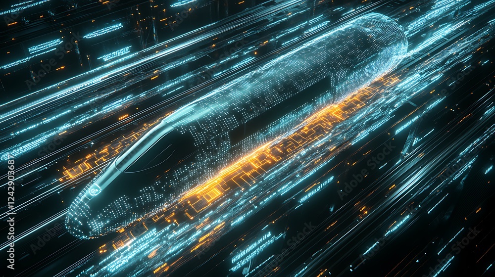 Poster a high-speed bullet train surrounded by transparent streams of glowing data, symbolizing the integra