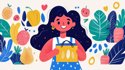 Naklejka premium A Happy Girl with a Bag of Groceries Surrounded by Colorful Fruits and Vegetables