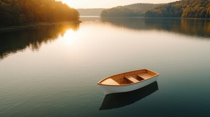 Fototapeta premium Serene Sunrise Over Still Waters with a Solitary Rowboat Floating Peacefully on a Calm Lake