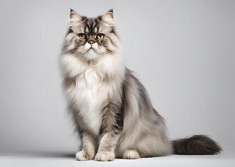 Majestic Longhair Gray and White Cat Sitting Fluffy Fur Studio Shot