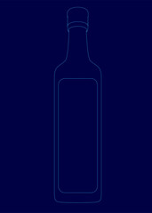 A bottle is shown in a blue background. The bottle is empty and has a blue label. The bottle is a simple design with a clear outline. Concept of emptiness and simplicity