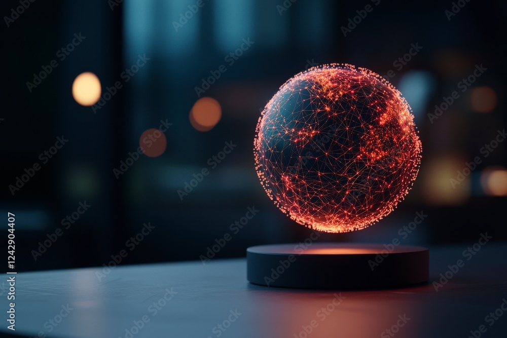 Poster illuminated globe with network connections, floating in subtle lighting, representing global connect