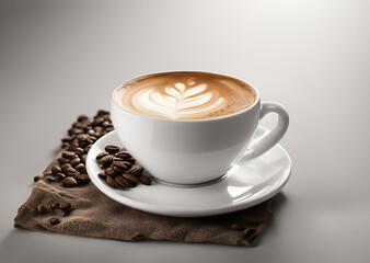 Obraz premium Aromatic Latte Coffee in White Cup with Coffee Beans on Brown Napkin