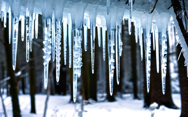 Frozen forest with crystal icicles hanging