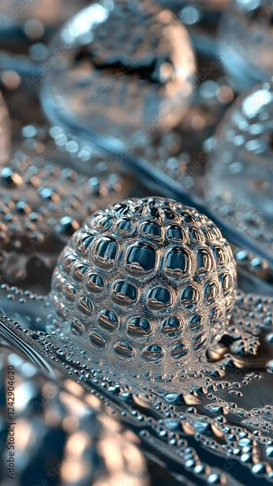 Poster close-up view of bubbles and bubbles in a metallic surface with reflections and water droplets enhan