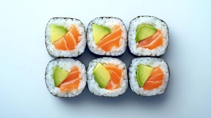 Six pieces of salmon and avocado sushi rolls