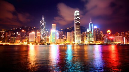 Obraz premium Vibrant Hong Kong Skyline Night Cityscape Stunning Urban Lights Reflection