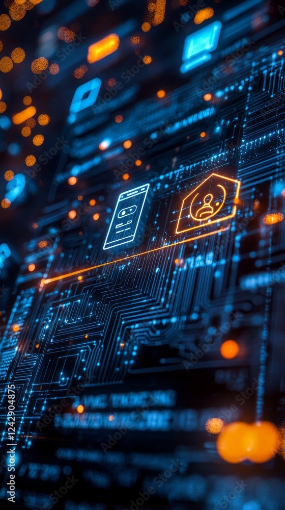 Poster A mesmerizing display of blue and orange digital circuitry lights up, showcasing intricate patterns and glowing icons. This captivating view evokes a sense of technology and innovation