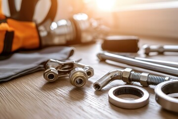 Shiny Metal Plumbing Parts on Wooden Surface Bright Sunlight