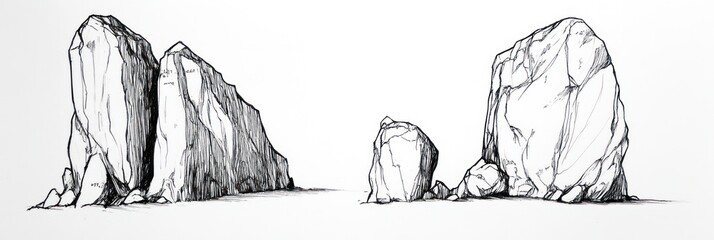 Ink Drawing of Three Large Rock Formations