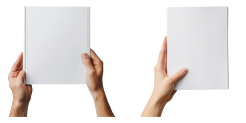 Hand holding blank magazine mockup isolated on transparent background, PNG, Set of