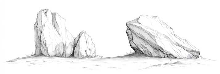 Penciled Sketch of Three Large Rocks in a Landscape