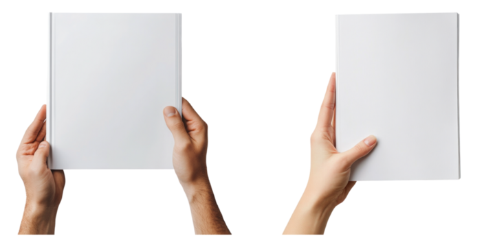 Hand holding blank magazine mockup isolated on transparent background, PNG, Set of - Powered by Adobe