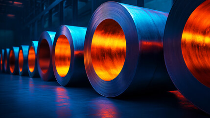 Vibrant Steel Rolls with Illuminated Centers in Industrial Warehouse Setting