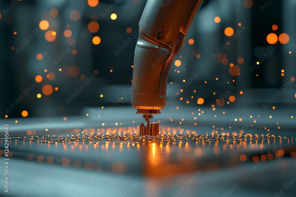 Poster robotic arm performing precision tasks in high-tech industrial environment with sparks and bokeh eff