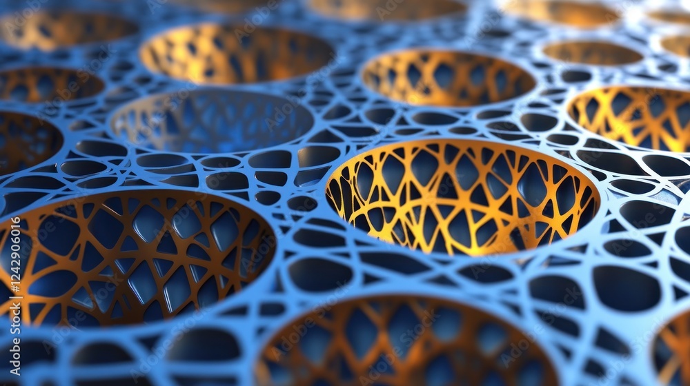 Poster abstract blue and gold interconnected lattice structure
