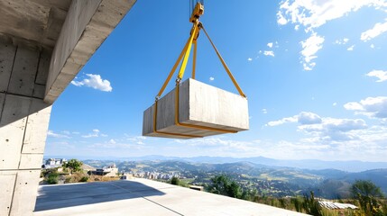 Crane Lifting Concrete Block Modern Building Construction Sunny Day Scenic View