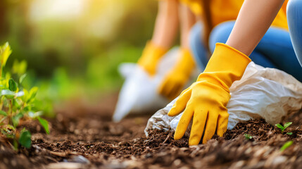 Hands in Yellow Gloves Planting Seeds in Garden Soil During a Sunny Day in Nature