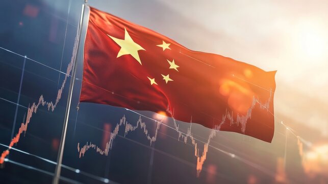 Chinese national flag with economic growth graph representing china s rising global power