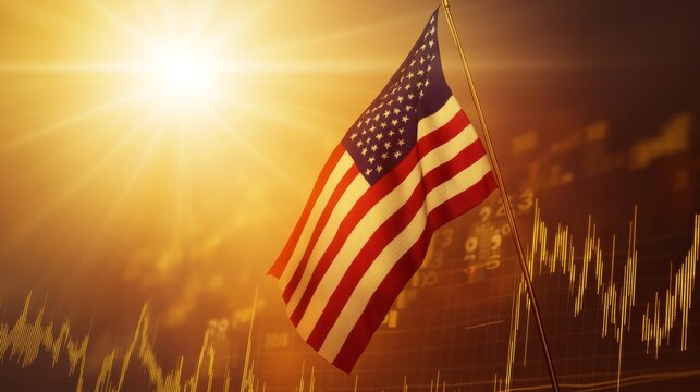 American flag waving over financial graphs, symbolizing economic growth and national pride