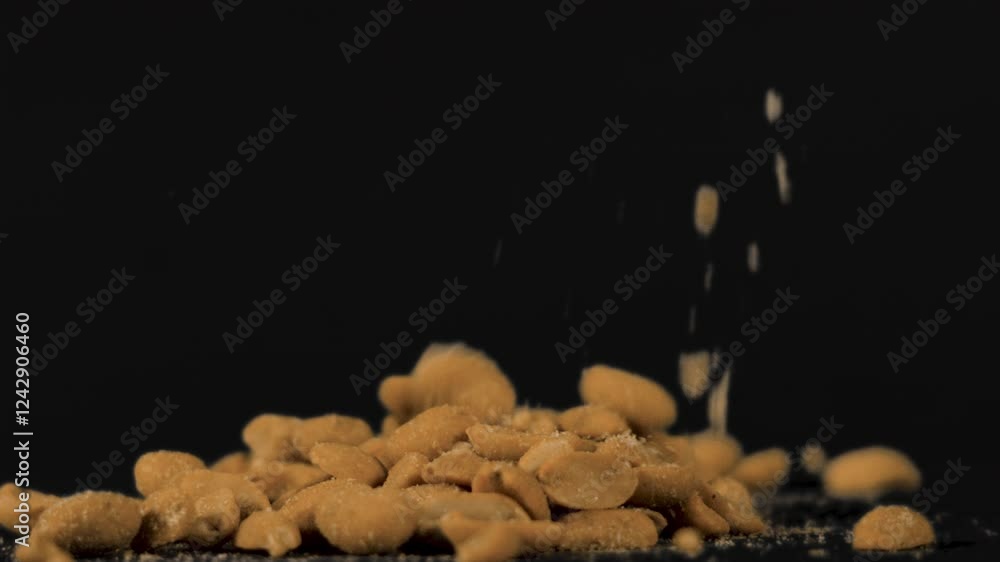 Poster isolated healthy organic peanuts falling on black background in slow motion. use screen or add mode 