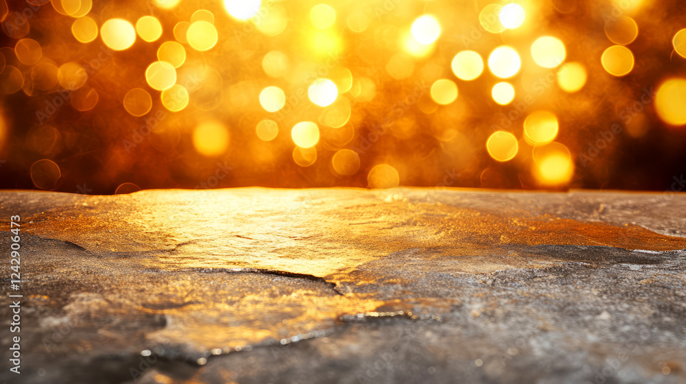 Poster shimmering golden background with soft bokeh effect over a natural stone surface