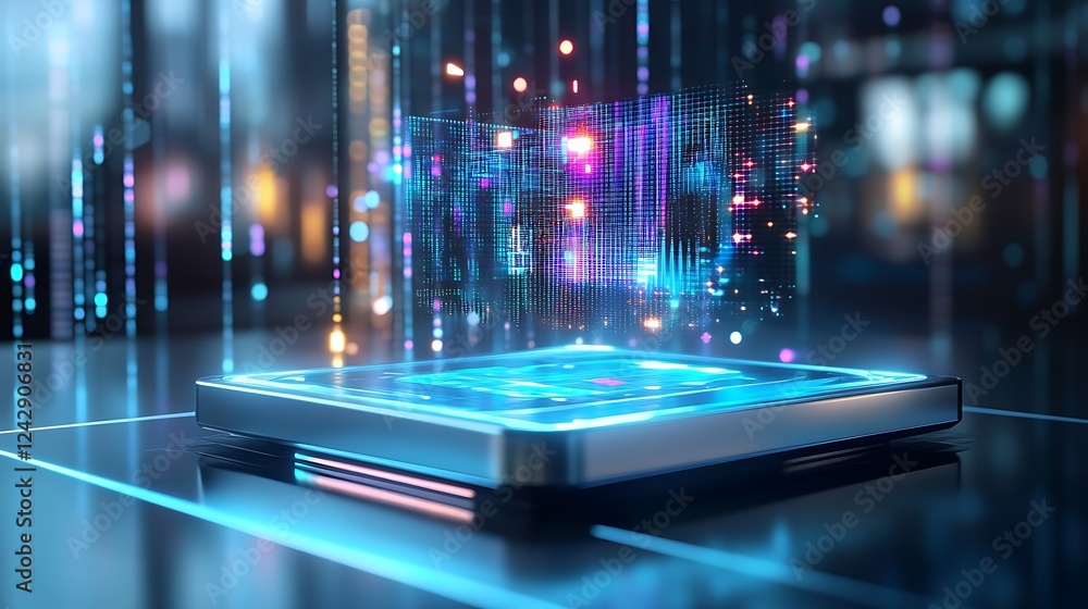 Poster a high-tech hub with a sleek, futuristic ai device, radiating holographic projections of data patter