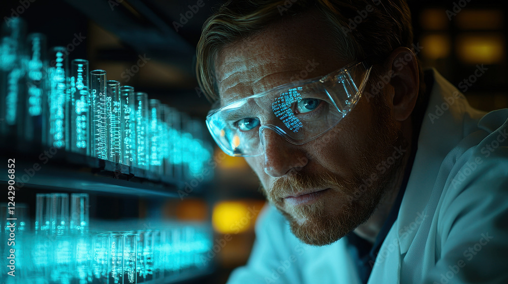 Poster scientist explores dna sequences using advanced holographic technology in a cutting-edge laboratory