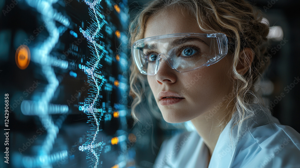 Poster scientist examines complex dna sequences on a holographic display in a futuristic lab focused on gen