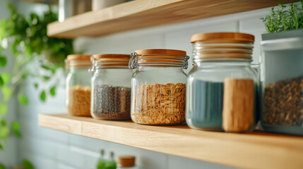 Various Ingredients in Glass Jars on Wooden Shelves Surrounded by Greenery and Natural Light