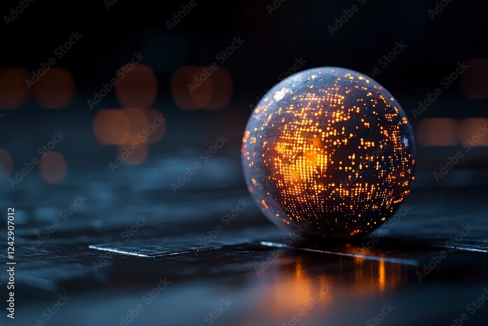 Poster futuristic glowing orb with intricate patterns on dark background representing technology and digita