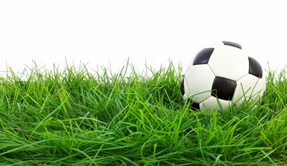 Fototapeta premium Soccer ball on grass isolated white background, detailed photo. Football logo website banner