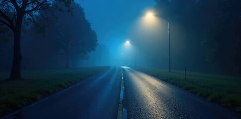 A single blue spotlight shines through the fog on a wet pavement road, , misty night