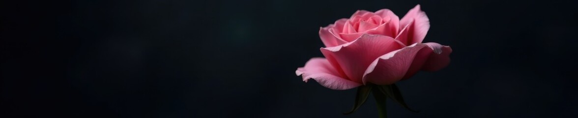 A single delicate pink rose sits against an inky black background with soft texture, dark background, roses, garden