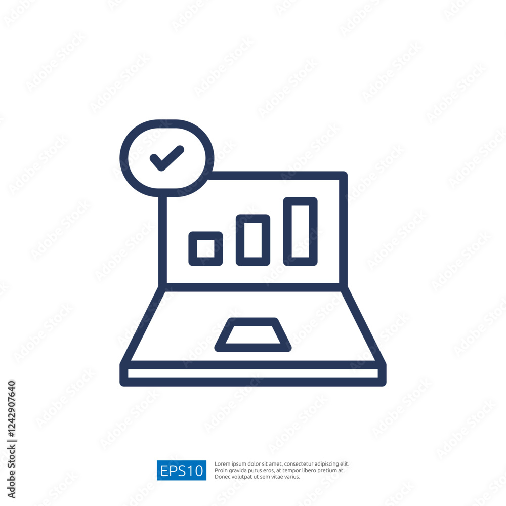 Poster laptop with checkmark and data visualization charts representing successful data analysis and perfor