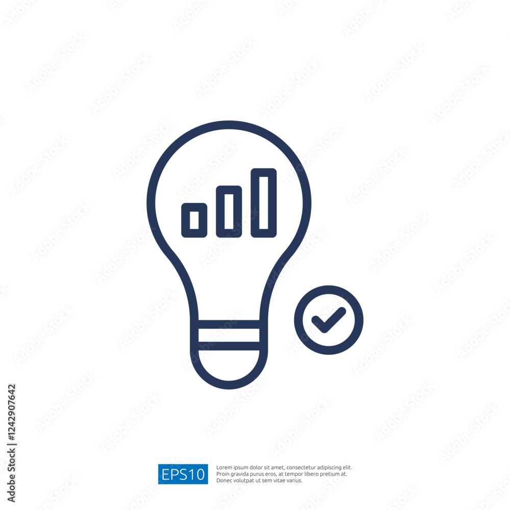 Poster lightbulb with growth charts and checkmark symbolizing data analysis and innovation in business stra