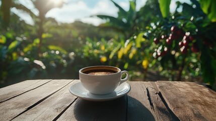 Cup of coffee on the table against the background of mountains. Selective focus