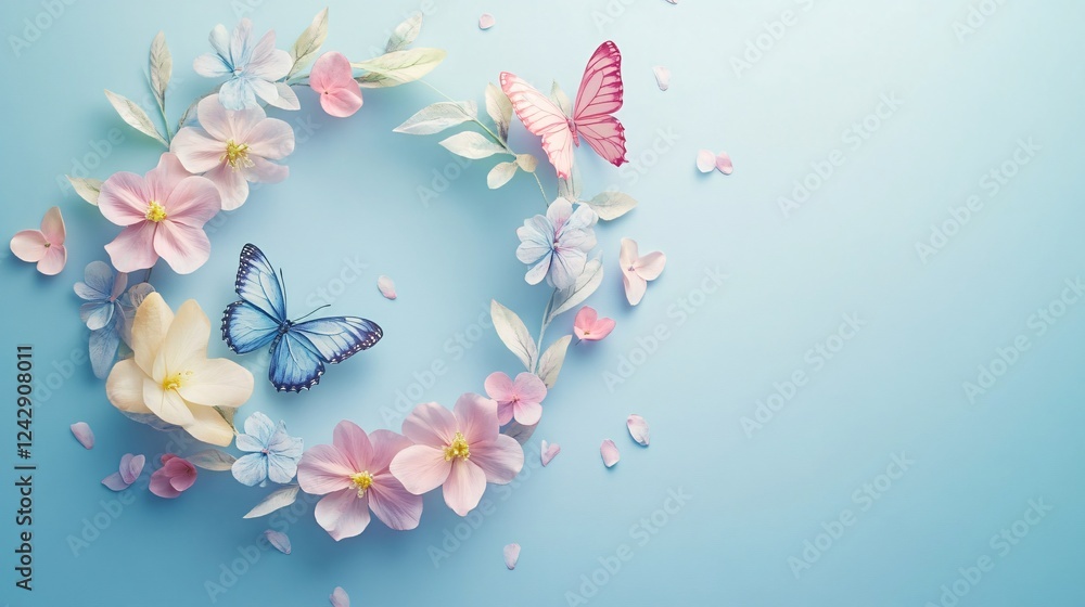 Poster spring flowers arranged in circle with butterflies flying around on blue background