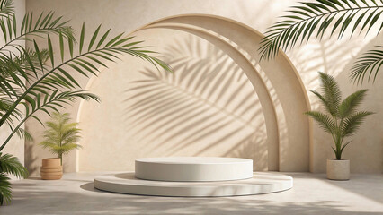 "Elegant Summer Podium Display: Minimalist 3D Stage with Abstract Light and Shadow for Natural Beauty Presentation"