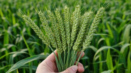 green wheat ears in hands. Selective focus