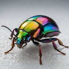 Fototapeta premium A vividly iridescent beetle with rainbow-coloured armour, crawling on a white surface.