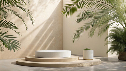 "Elegant Summer Podium Display: Minimalist 3D Stage with Abstract Light and Shadow for Natural Beauty Presentation"
