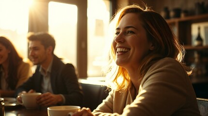 Fine art photograph in a dramatic cinematic style, warm golden hour lighting. A woman in her 30s with genuine laughter, with friends in a café enjoying coffee.