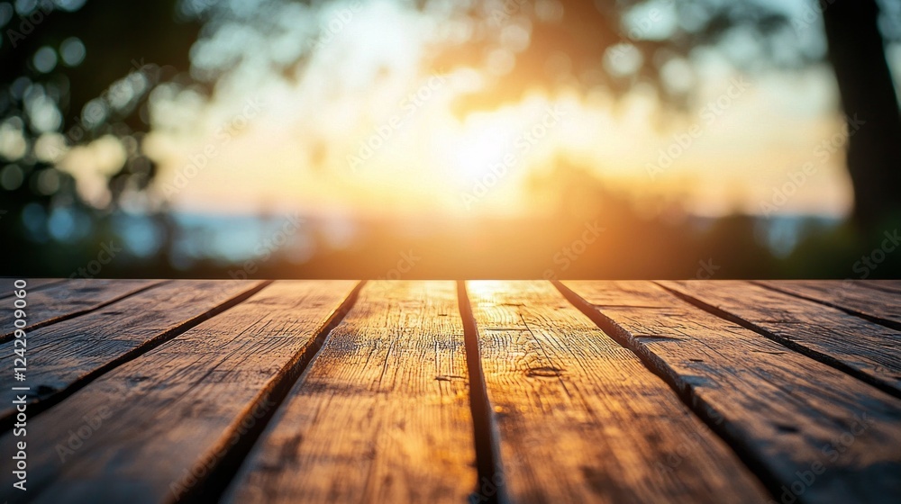 Poster glowing sunlight casts a golden hue on a weathered wooden table, creating an inviting atmosphere at 