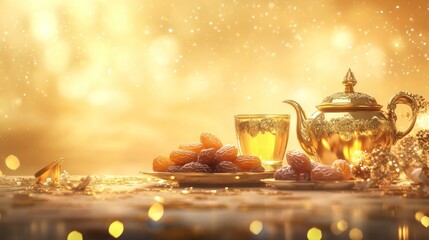 Golden Teapot Dates and Glass Festive Ramadan Setting