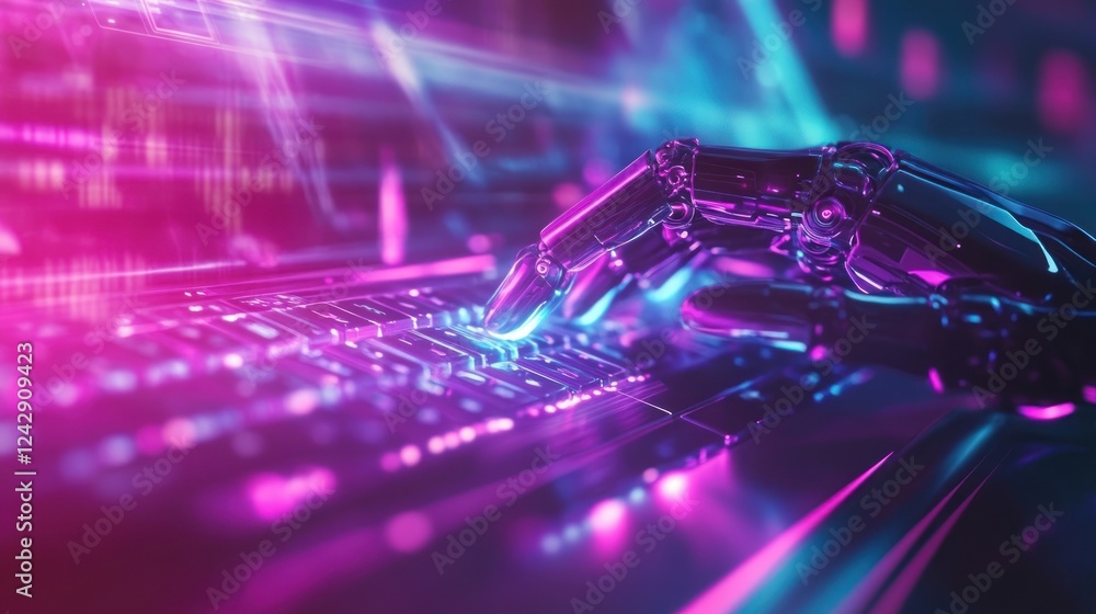 Poster robotic hand typing on neon lit keyboard